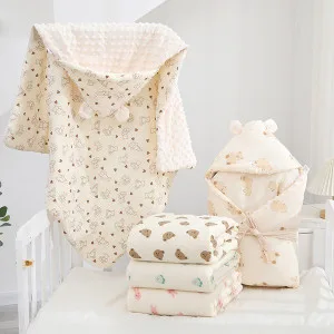 Premium Crepe Beanie Quilted Baby Blanket — Hooded Cotton Windproof Quilt for Newborn Autumn & Winter Outings | 35×35 Inch