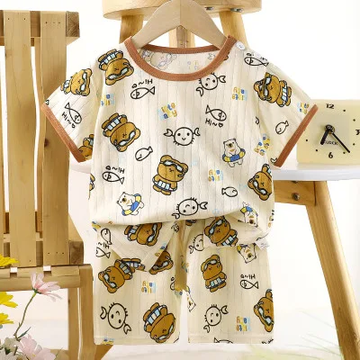Children’s Cotton Summer Pajama Set – Short Sleeve Two-Piece with Cartoon Print | Diving Bear