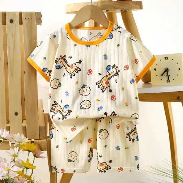 Children’s Cotton Summer Pajama Set – Short Sleeve Two-Piece with Cartoon Print | Happy Deer