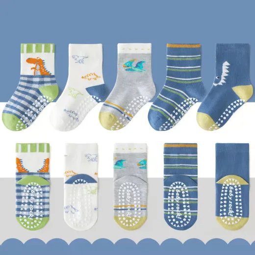 1-3 Year | 5 Pair Brown Chocolate Cozy Non-Slip Socks for Toddlers | Green Dino Grip Socks by Durian Minliu Sock | Imported China | 5 Pair Set