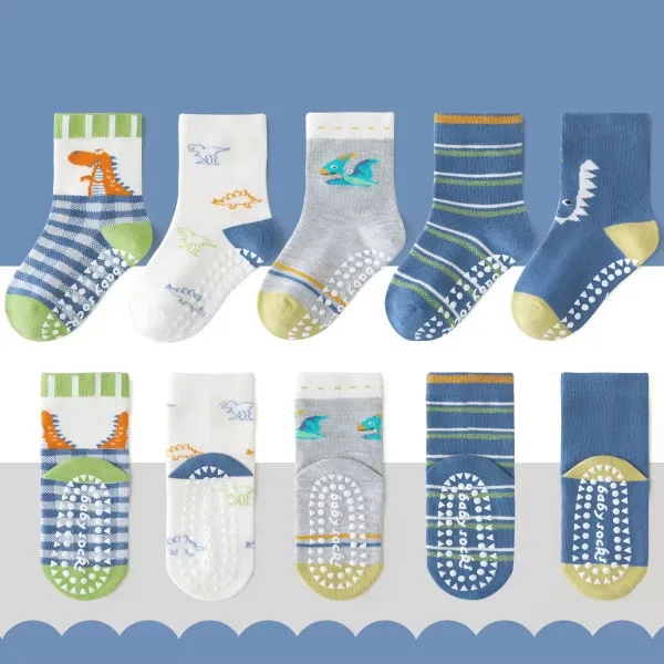 1-3 Year | 5 Pair Brown Chocolate Cozy Non-Slip Socks for Toddlers | Green Dino Grip Socks by Durian Minliu Sock | Imported China | 5 Pair Set