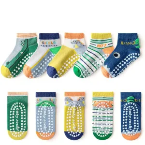 1-3 Year | 5 Pair Brown Chocolate Cozy Non-Slip Socks for Toddlers | Green Dino Grip Socks by Durian Minliu Sock | Imported China | 5 Pair Set