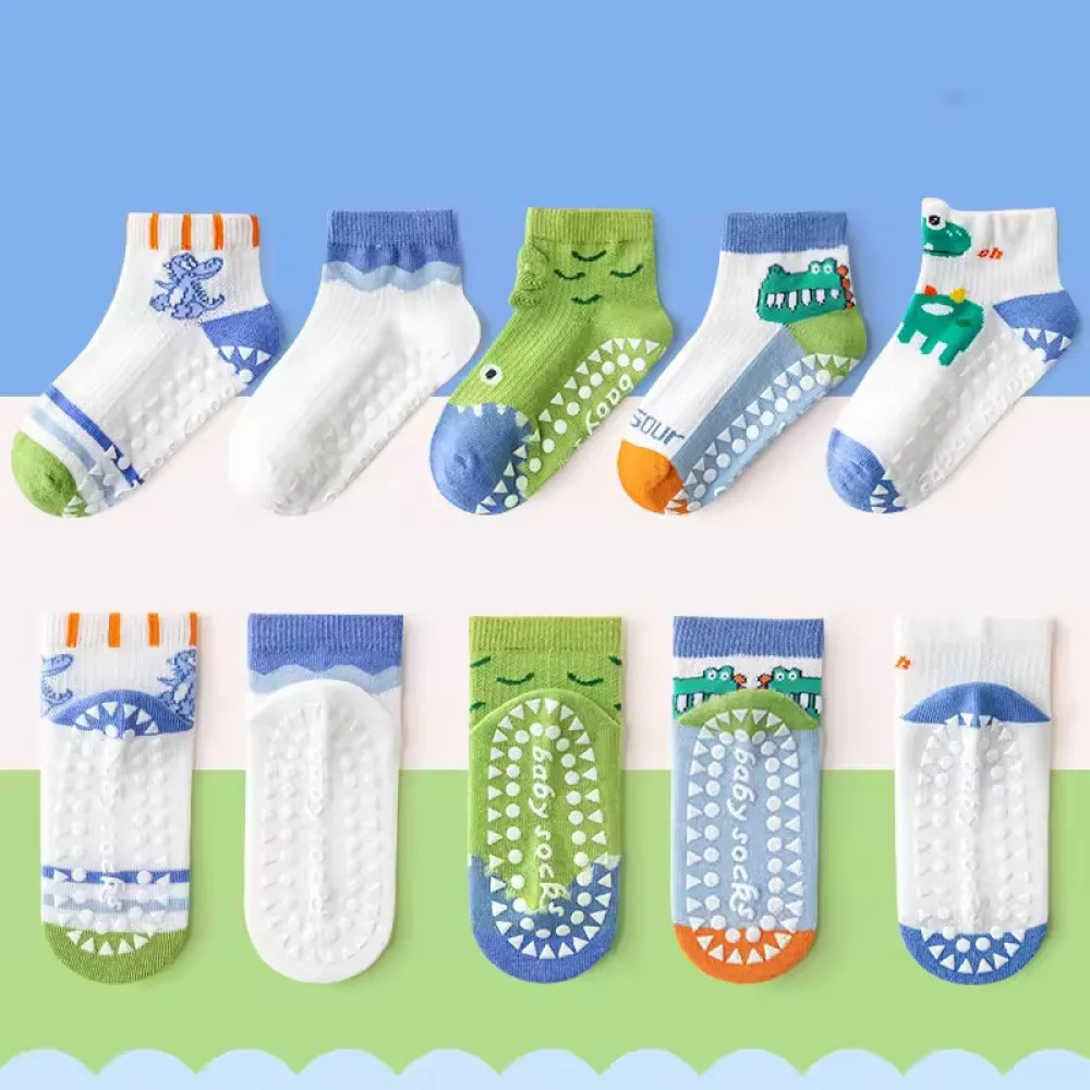 1-3 Year | 5 Pair Brown Chocolate Cozy Non-Slip Socks for Toddlers | Green Dino Grip Socks by Durian Minliu Sock | Imported China | 5 Pair Set