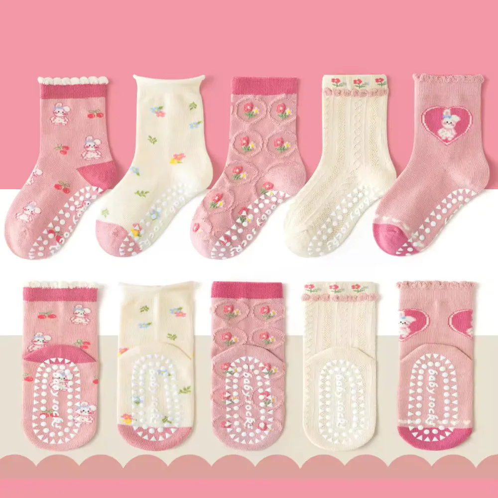 1-3 Year | 5 Pair Brown Chocolate Cozy Non-Slip Socks for Toddlers | Green Dino Grip Socks by Durian Minliu Sock | Imported China | 5 Pair Set