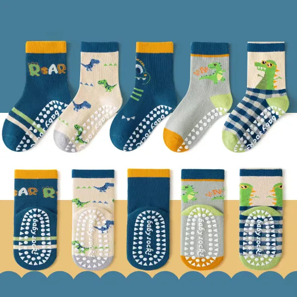 1-3 Year | 5 Pair Brown Chocolate Cozy Non-Slip Socks for Toddlers | Green Dino Grip Socks by Durian Minliu Sock | Imported China | 5 Pair Set