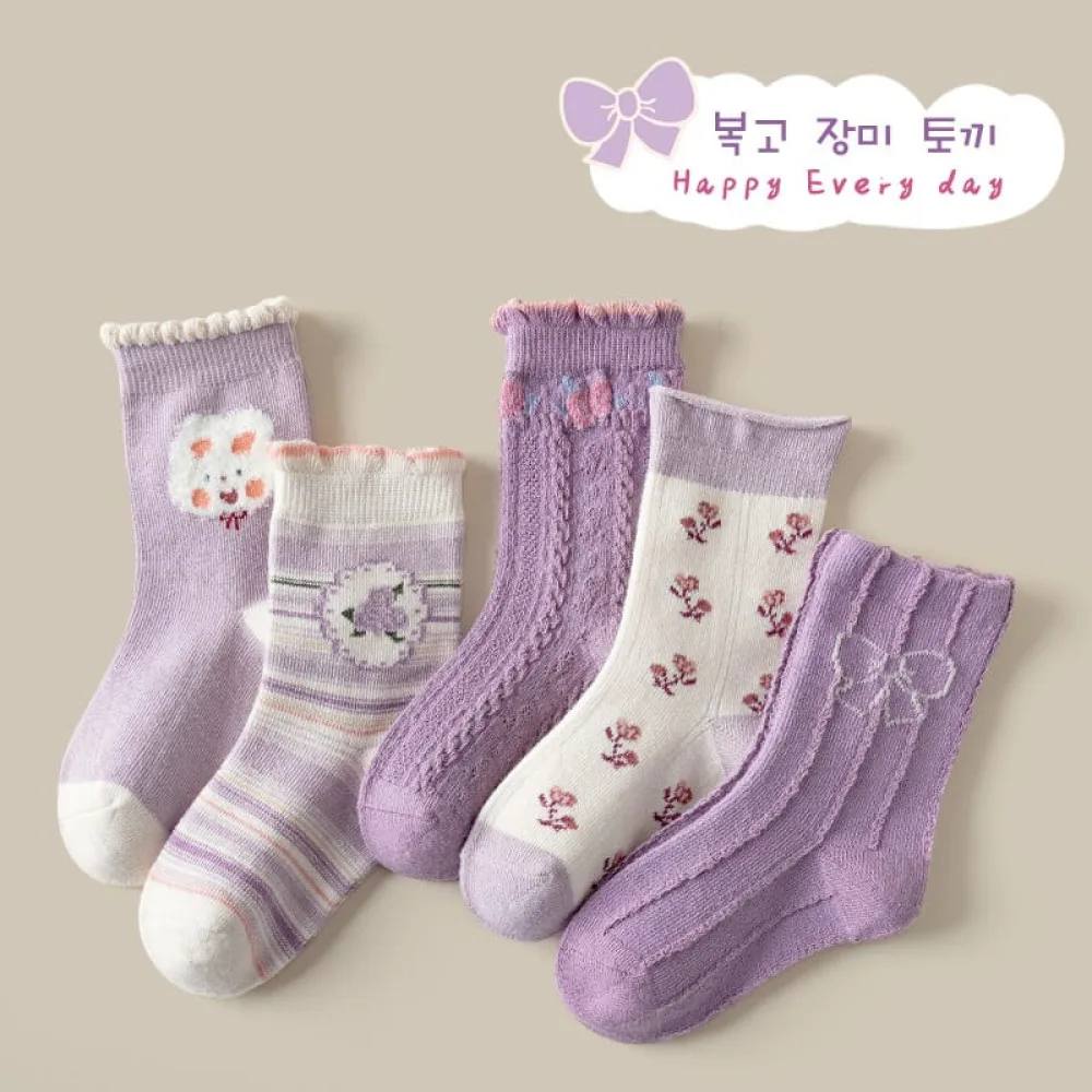 Children’s Socks For Princess – Retro Rose Rabbit – (1-4 Year Size) – 5 Pair Set