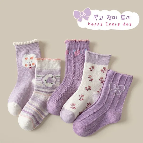Children’s Socks For Princess – Retro Rose Rabbit – (1-4 Year Size) – 5 Pair Set