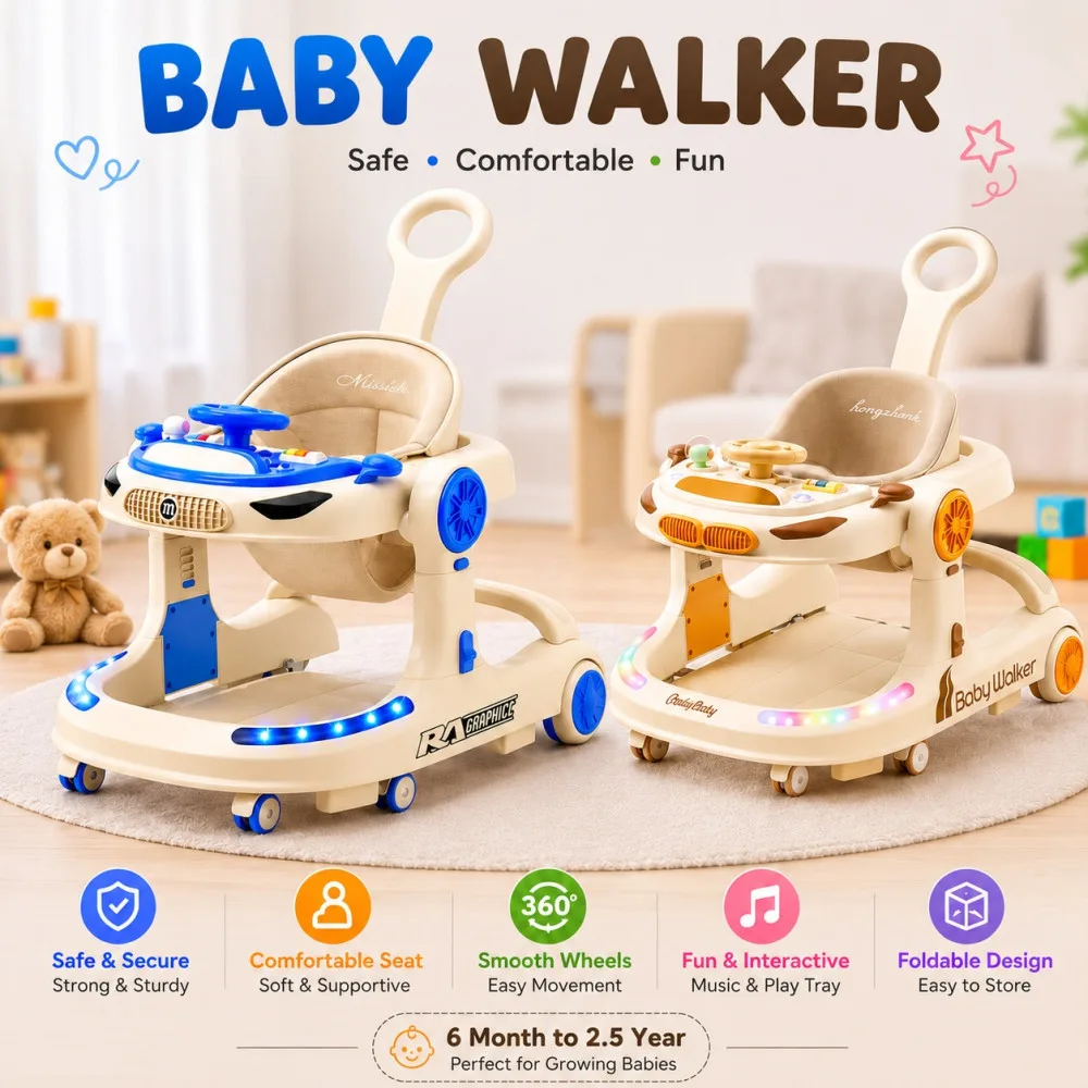 Anti-O-Legs Foldable Baby Walker with Music, Adjustable Height & Safety Wheels for Toddlers