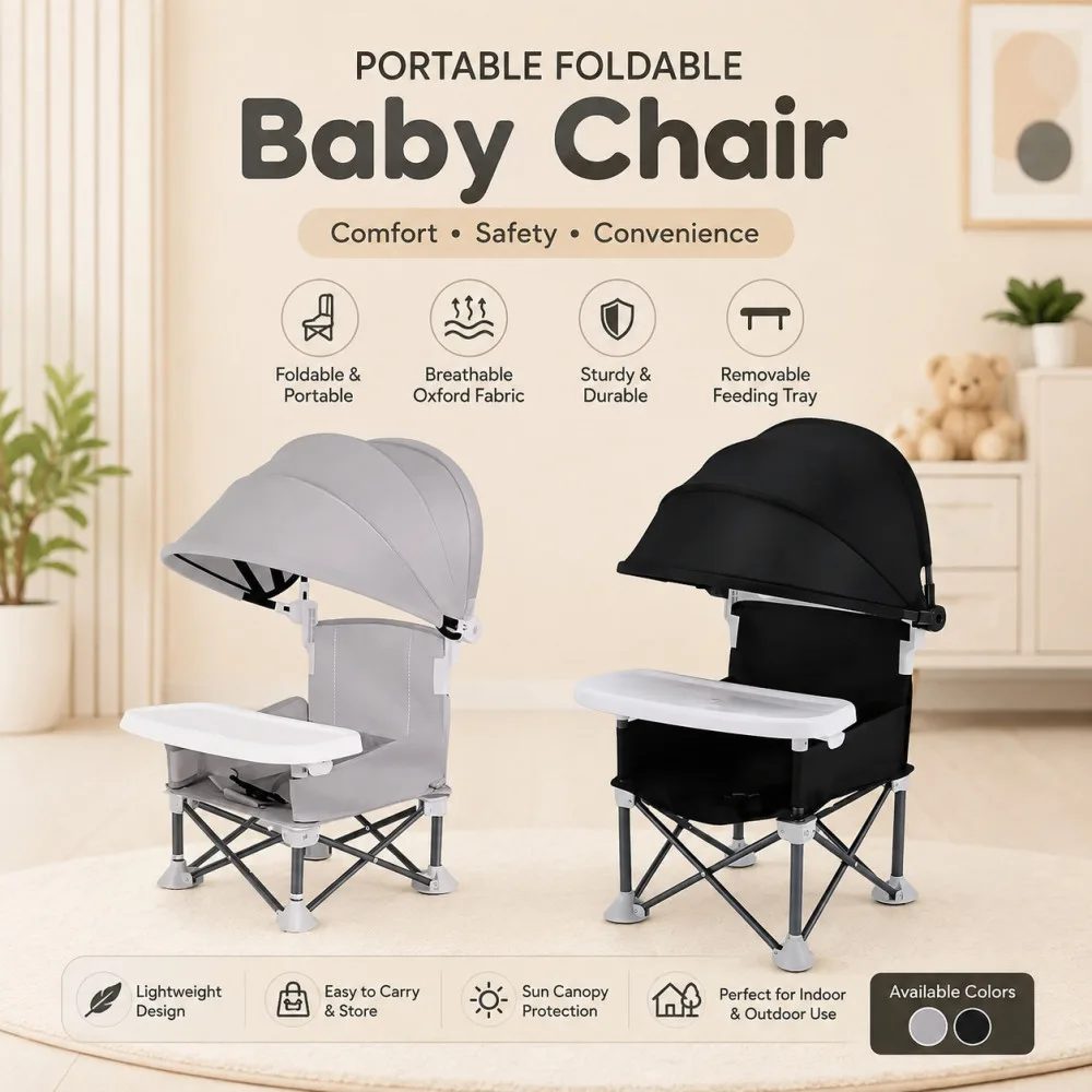 Portable Foldable Baby Chair with Canopy & Feeding Tray (Gray/Black)