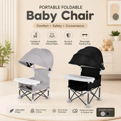 Portable Foldable Baby Chair with Canopy & Feeding Tray (Gray/Black)