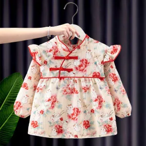 Waterproof Baby Girl Feeding Dress – Long Sleeve Autumn Winter Princess Bib Apron (peony rabbit) | Stylish Toddler Overalls (0–2 Years)