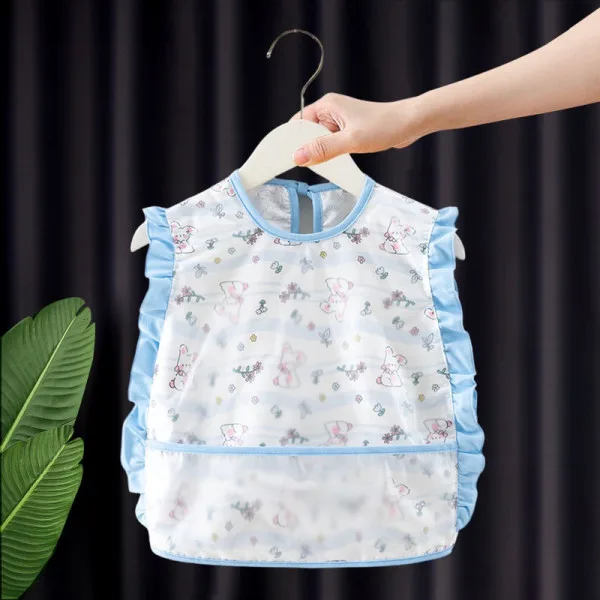 Waterproof Baby Feeding Bib Apron – Sleeveless Wash-Free Toddler Eating Gown (lace rabbit-blue) | Lightweight Summer Bib (1–3 Years) | lace rabbit-blue