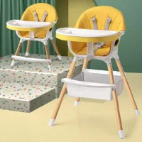 Modern Adjustable Baby High Chair with Storage Basket & Safety Harness 