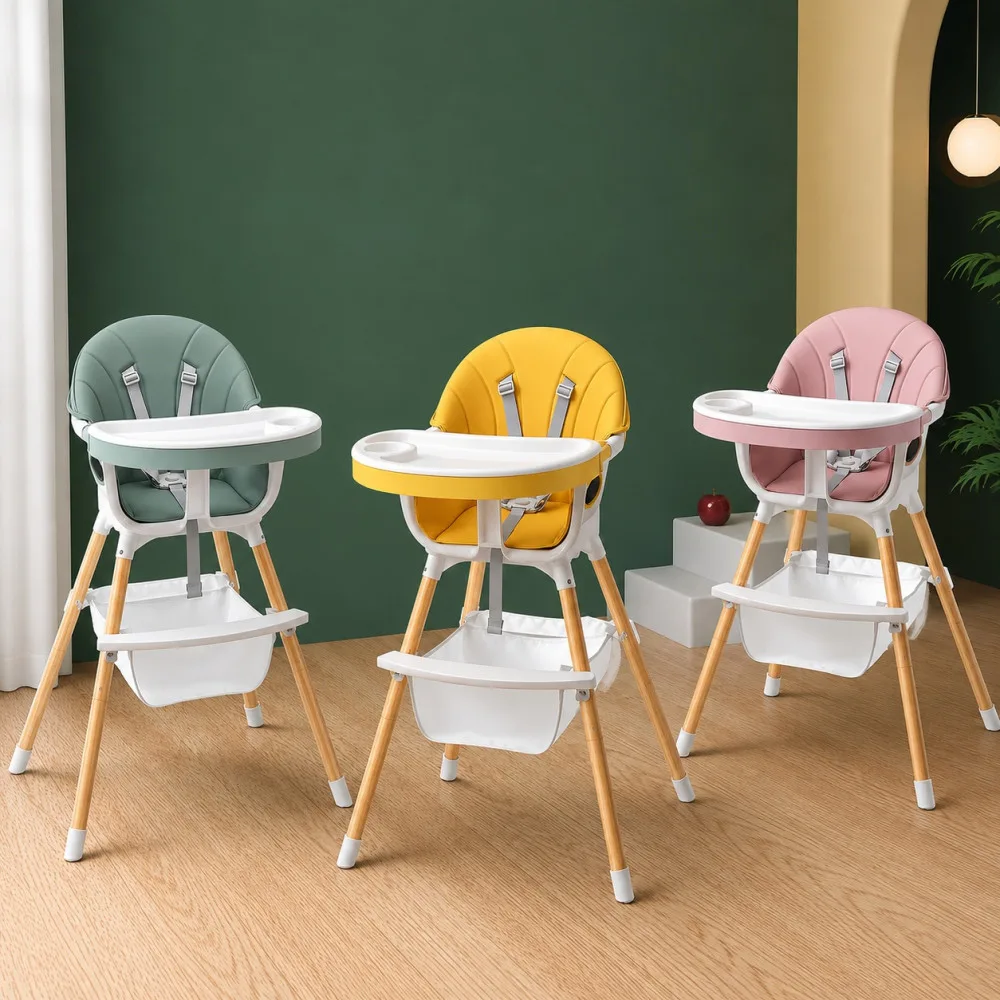 Modern Adjustable Baby High Chair with Storage Basket & Safety Harness 