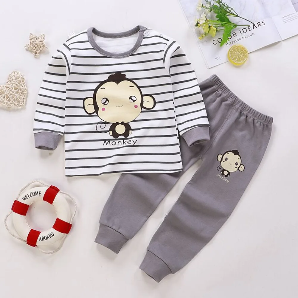 Top-Bottom Suit Boys & Girls Long Sleeve Comfortable Cute Cartoon Tops and Pants Set | Style:Gray Monkey